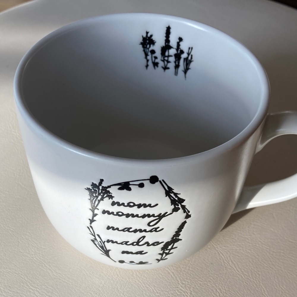 White Mom Mug with Black Floral Design